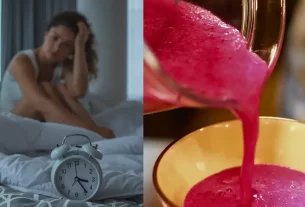 Imagem dividida mostrando uma mulher na cama com insônia e suco de pitaya sendo servido, destacando a solução pitaya para insônia.
