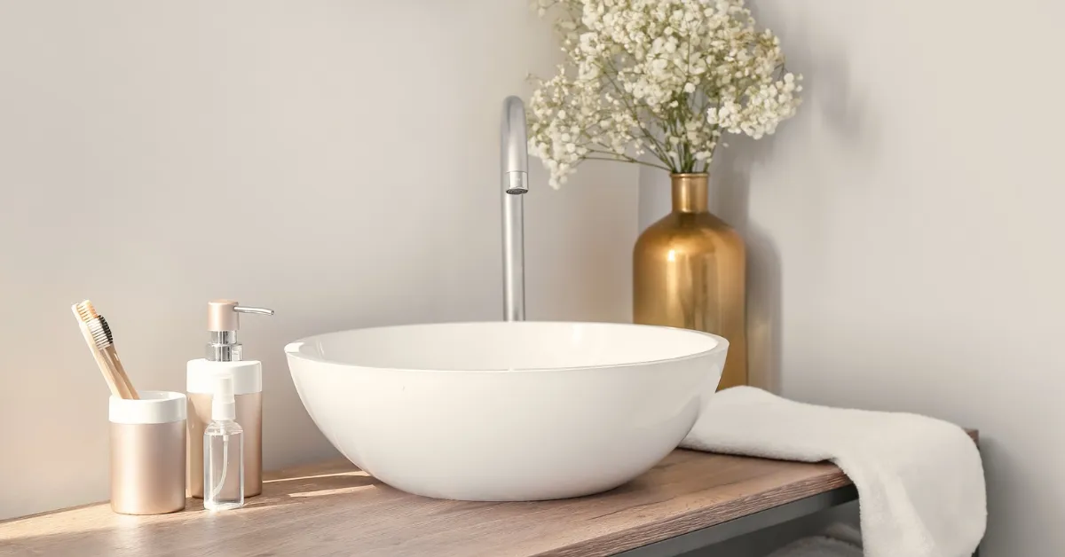 Bancada de banheiro sem reforma, com cuba de apoio branca, acessórios dourados, vaso de flores e toalha clara, mostrando como a decoração pode renovar o ambiente sem obras.