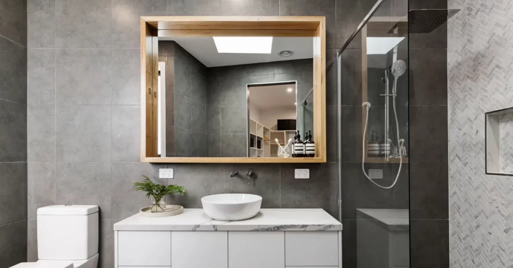 Banheiro sem reforma, com revestimento cinza nas paredes, espelho grande com moldura de madeira, bancada branca com cuba de apoio, vaso sanitário moderno, box de vidro e detalhes decorativos, mostrando como pequenas mudanças podem renovar o ambiente sem obras estruturais