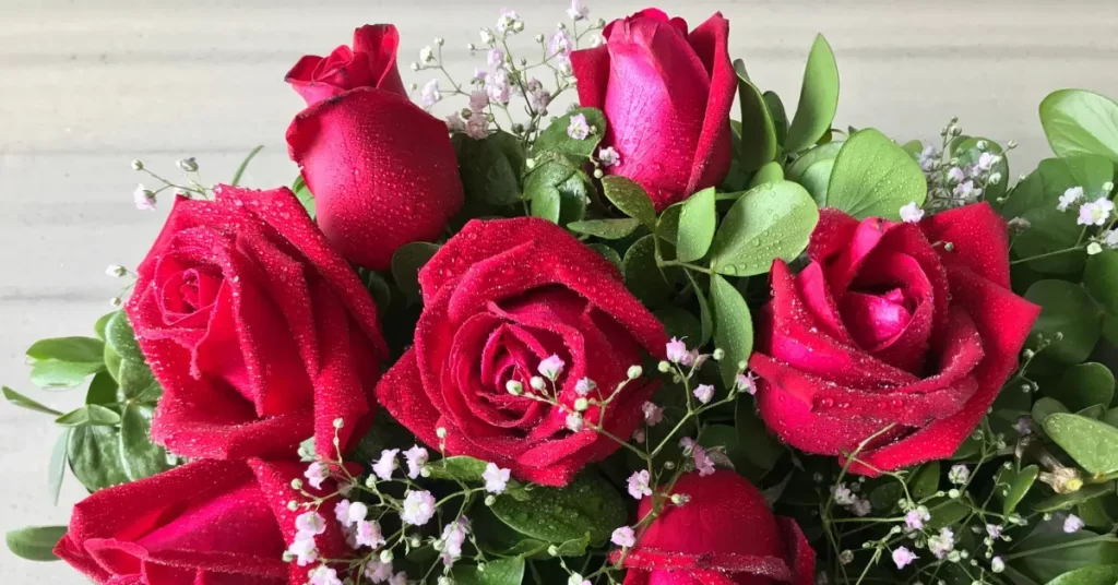 Arranjos com significado de rosas vermelhas com folhagens verdes e pequenas flores brancas.