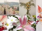 Arranjos florais variados em vasos e buquês, com flores como rosas, lírios, margaridas, antúrios e folhagens, representando diferentes significados e emoções.