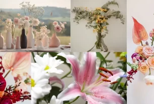 Arranjos florais variados em vasos e buquês, com flores como rosas, lírios, margaridas, antúrios e folhagens, representando diferentes significados e emoções.