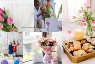 Imagem com várias ideias de decoração para o Dia das Mães, incluindo arranjos de flores coloridas, mesa de café da manhã decorada com bandeja de doces, balões coloridos em ambiente iluminado, presentes embalados e cartões comemorativos.