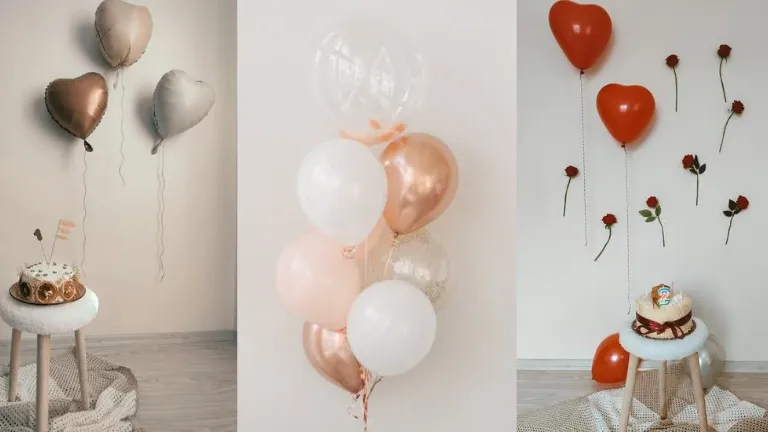 Três ideias de decoração para o Dia das Mães com balões metalizados em formato de coração, balões em tons de dourado, branco e rosa, e parede decorada com balões vermelhos e flores, acompanhadas de bolos sobre banquetas.