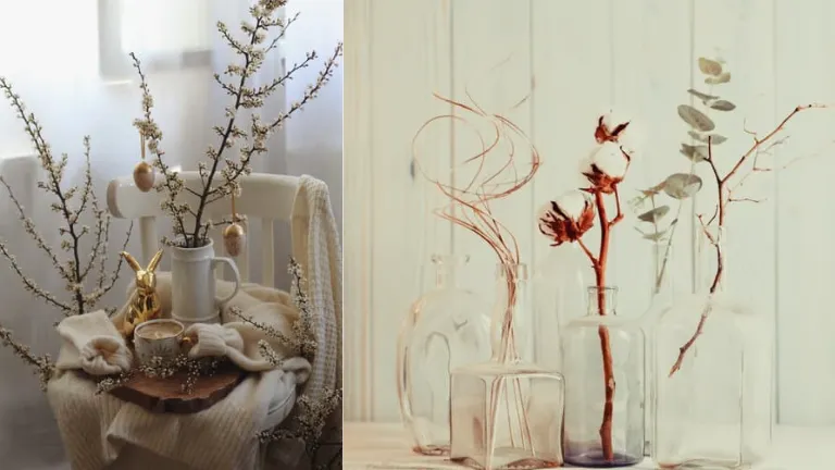 Arranjos delicados de galhos secos e flores em vasos e recipientes de vidro, compondo uma decoração minimalista e elegante para o Dia das Mães.