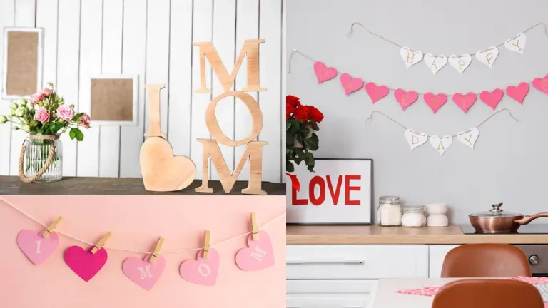 Ambientes decorados para o Dia das Mães com arranjos de flores, letreiros de madeira formando a palavra "MOM", e bandeirolas de corações e letras em tons de rosa e branco penduradas na parede.