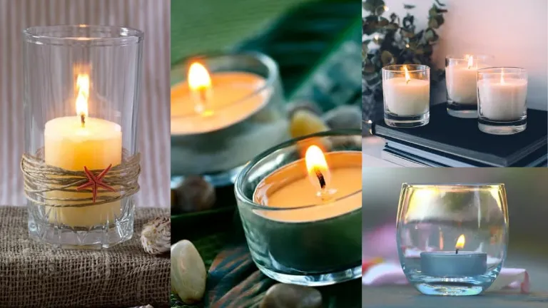 Várias velas acesas em recipientes de vidro, compondo diferentes estilos de decoração delicada e aconchegante para o Dia das Mães.
