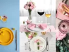 Três mesas decoradas para o Dia das Mães, cada uma com flores, pratos coloridos e detalhes delicados em tons de rosa, amarelo e dourado.