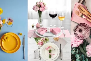 Três mesas decoradas para o Dia das Mães, cada uma com flores, pratos coloridos e detalhes delicados em tons de rosa, amarelo e dourado.