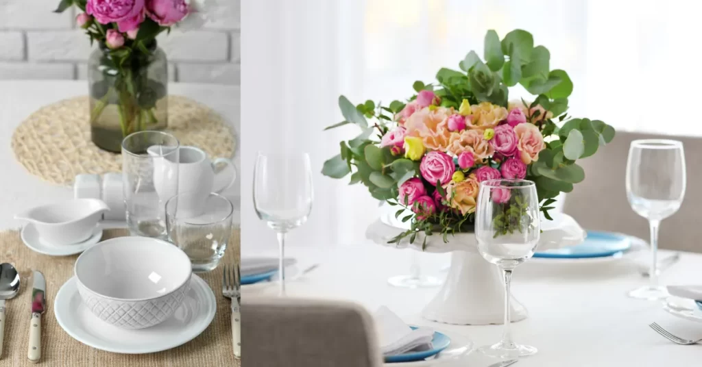 Duas mesas para o Dia das Mães decoradas com louças brancas e arranjos de flores em tons de rosa, amarelo e verde, criando um ambiente elegante e acolhedor.