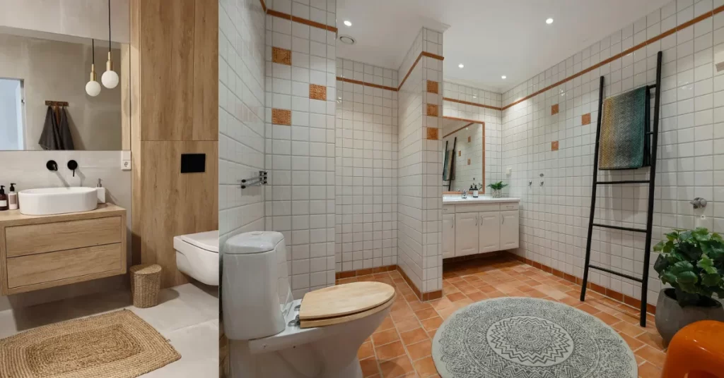 Banheiro sem reforma, com piso terracota, paredes de azulejo branco com detalhes bege, bancada clara, espelho grande, escada decorativa preta, plantas e tapete redondo, evidenciando renovação apenas com decoração e acessórios.