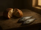 João 6,1-15: O Evangelho que revela o que ainda nos falta Pão redondo partido ao meio e dois peixes inteiros sobre uma mesa de madeira rústica, com luz suave entrando por uma janela ao fundo.