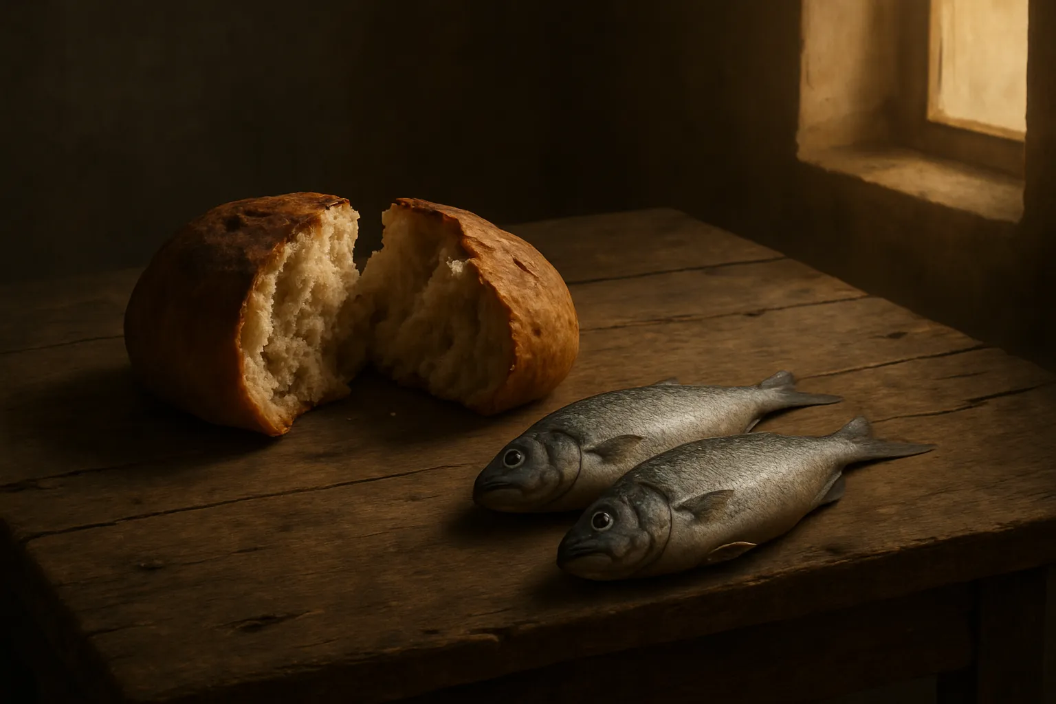 João 6,1-15: O Evangelho que revela o que ainda nos falta Pão redondo partido ao meio e dois peixes inteiros sobre uma mesa de madeira rústica, com luz suave entrando por uma janela ao fundo.
