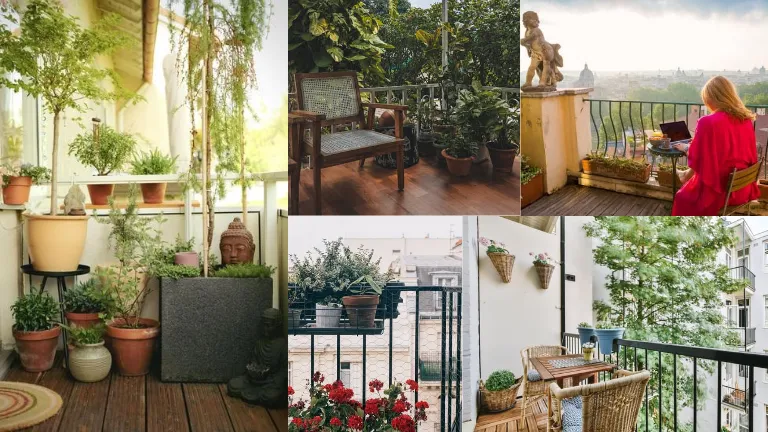 Varanda mais charmosa decorada com plantas, móveis de madeira e detalhes acolhedores, criando um ambiente convidativo para relaxar e apreciar a vista.